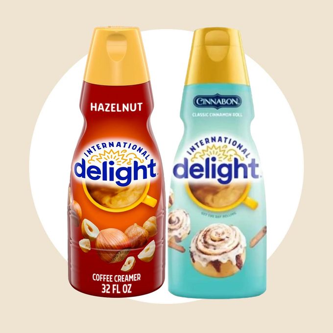 Bottles of Hazelnut And Cinnabon International Delight coffee creamer