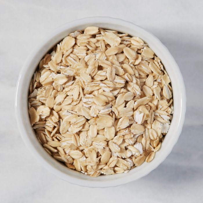 Overhead view of oats in bowl
