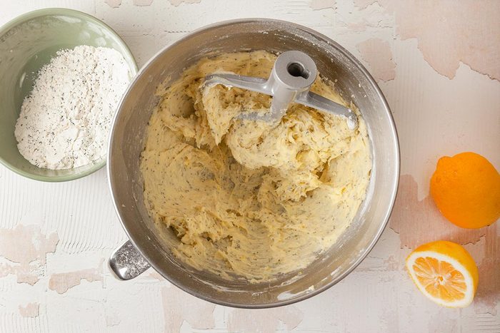 A mixing bowl filled with a creamy dough like mixture