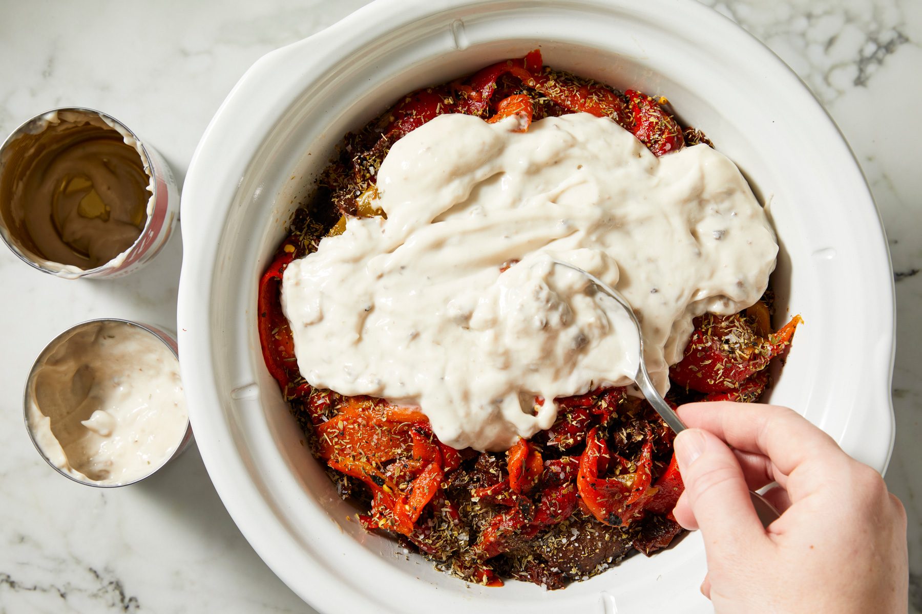 Cream of mushroom soup poured over the top of the roast.