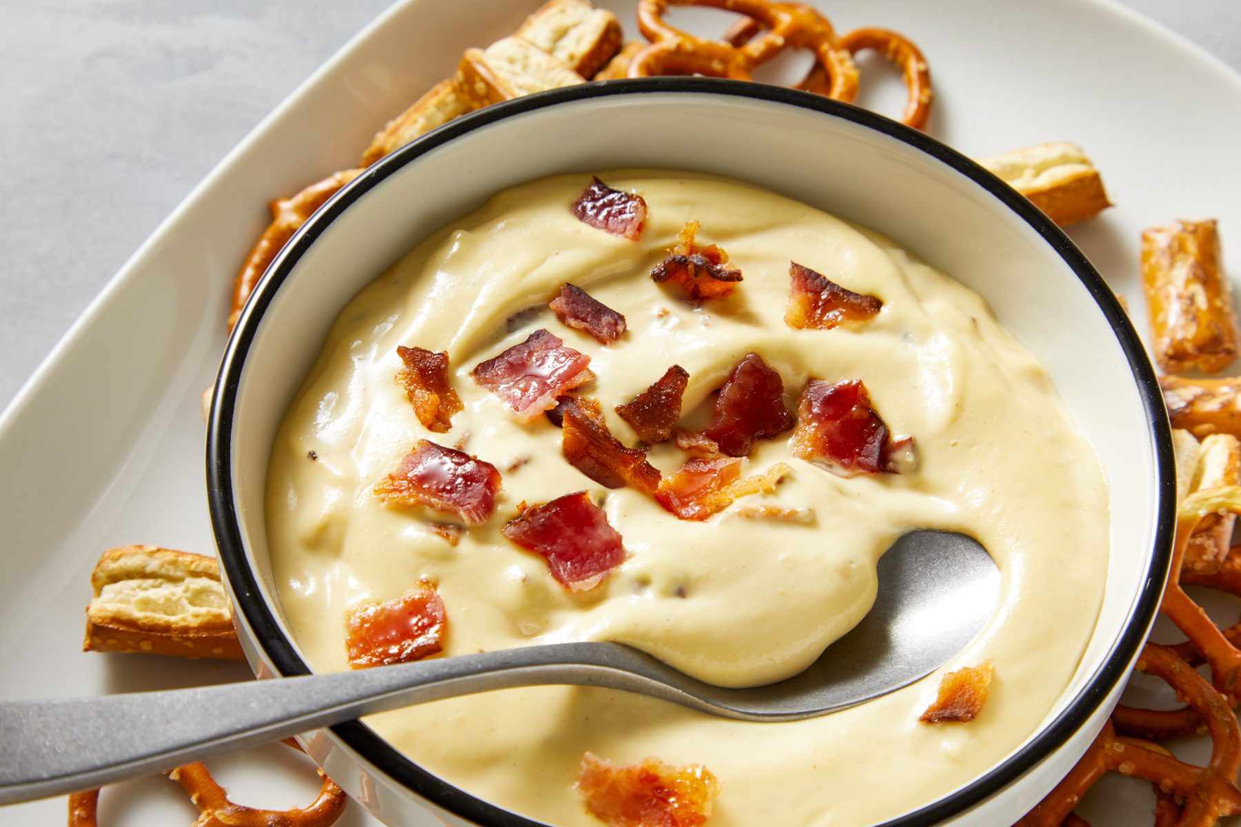Overhead shot of Dijon-Bacon Dip for Pretzels;