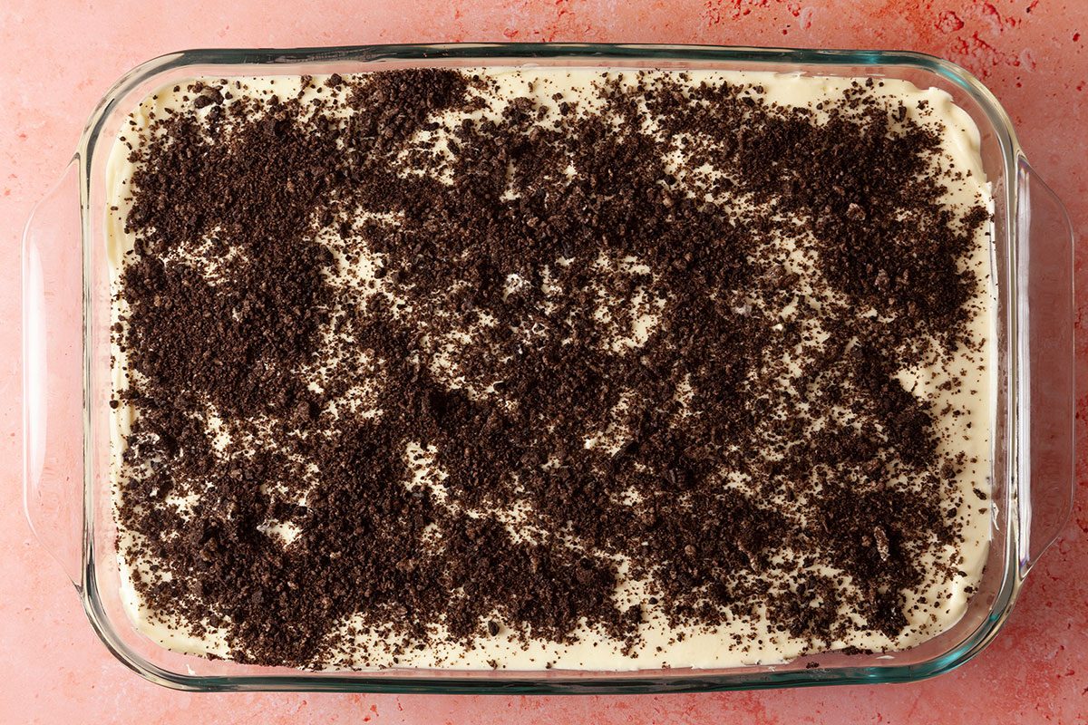 Birds eye view of dirt cake with no toppings but crushed oreos