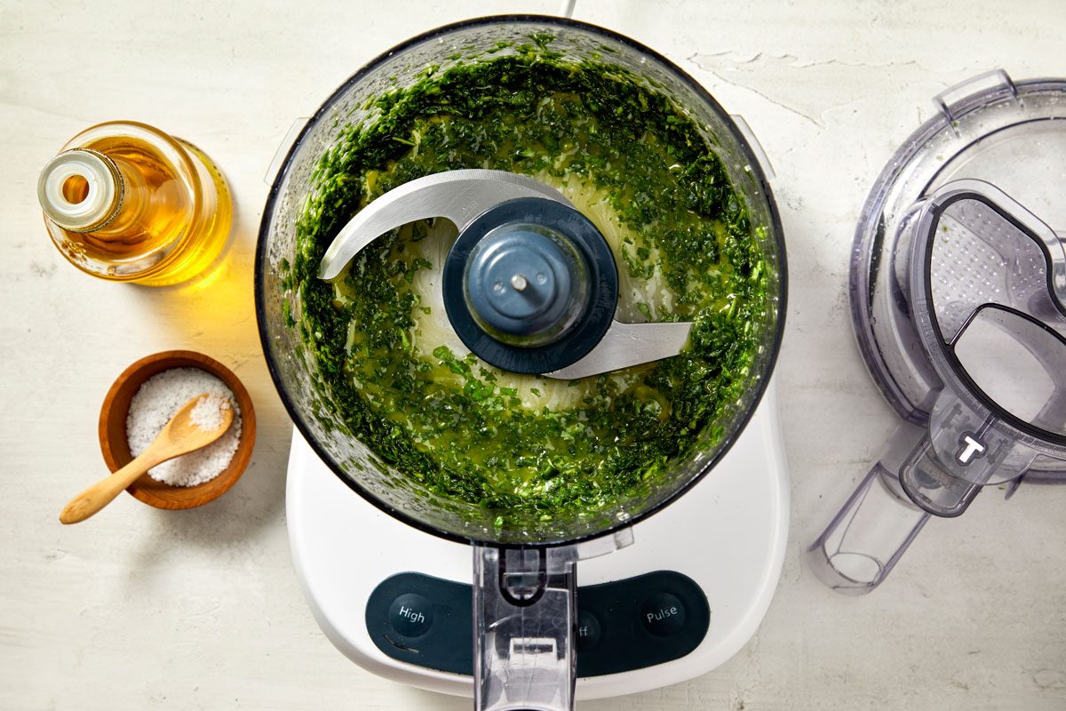 pulse basil, oil and 1/4 teaspoon salt until blended.