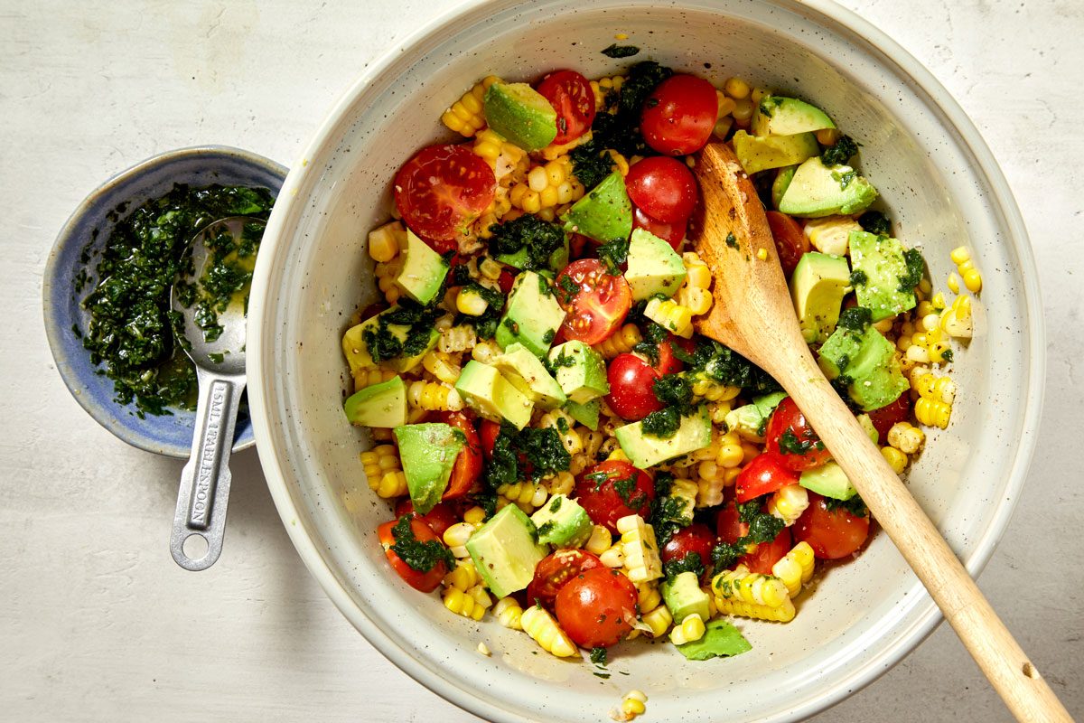 Stir in tomatoes, pepper, avocado and basil mixture; toss gently to combine.