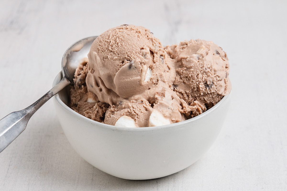 Close shot of Rocky Road Ice Cream; served in a bowl with a spoon