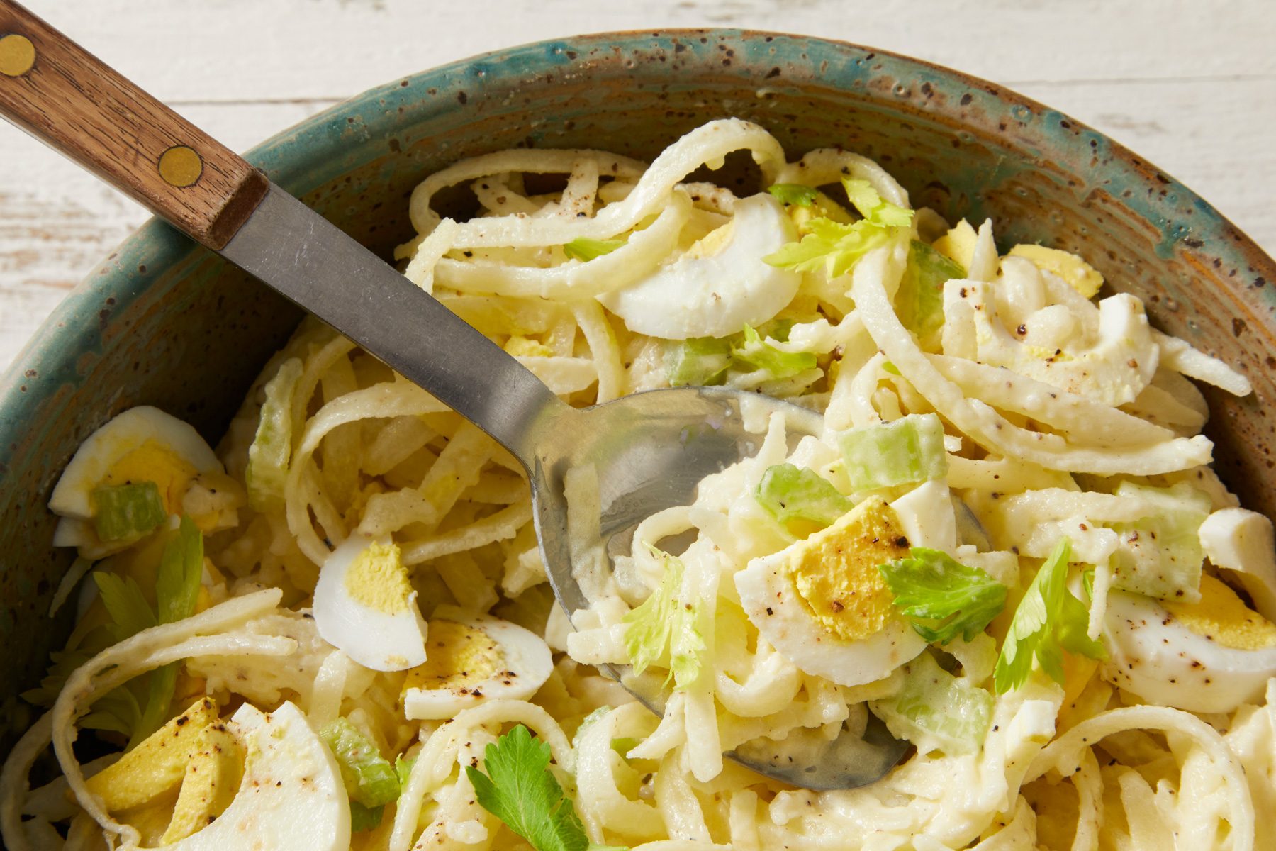 Close up shot of Grated Potato Salad;