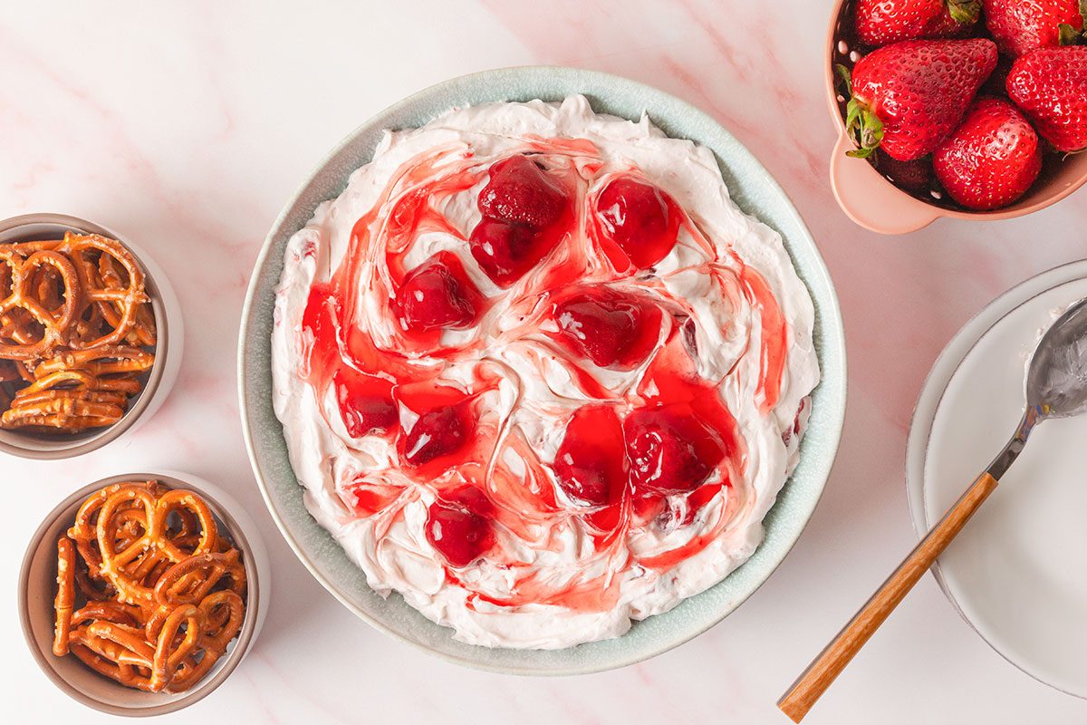 Strawberry Pretzel Salad Dip served ready to eat
