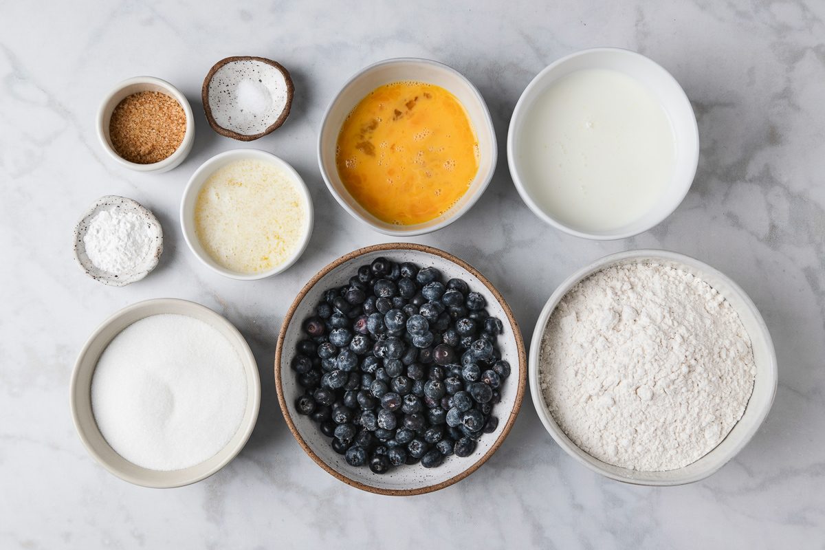 flour, sugar, baking powder, eggs, buttermilk, butter and blueberries