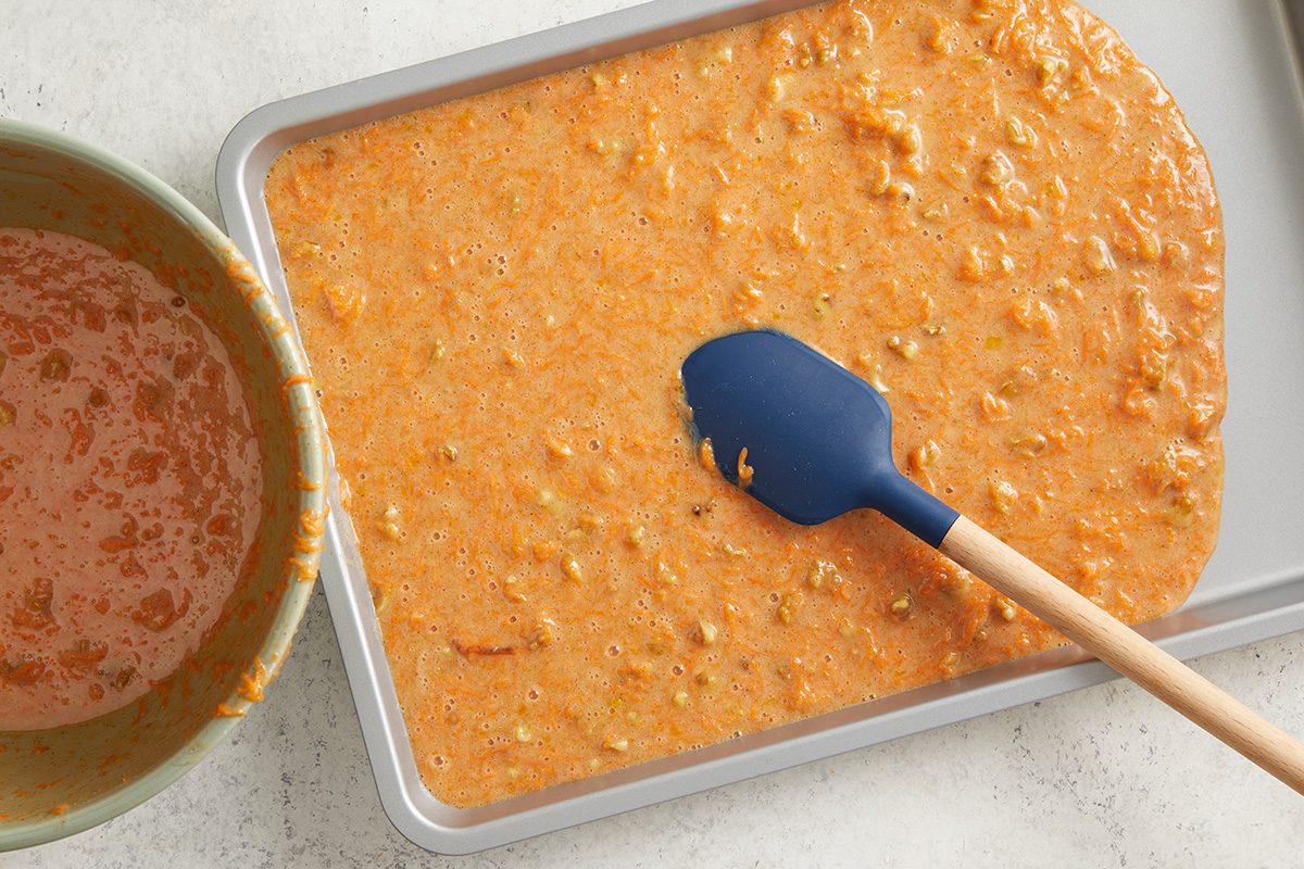 Pour into a greased 15x10x1-in. baking pan