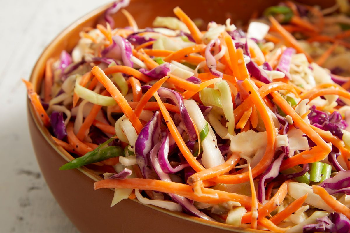 Close up shot of Coleslaw with Poppy Seed Dressing;