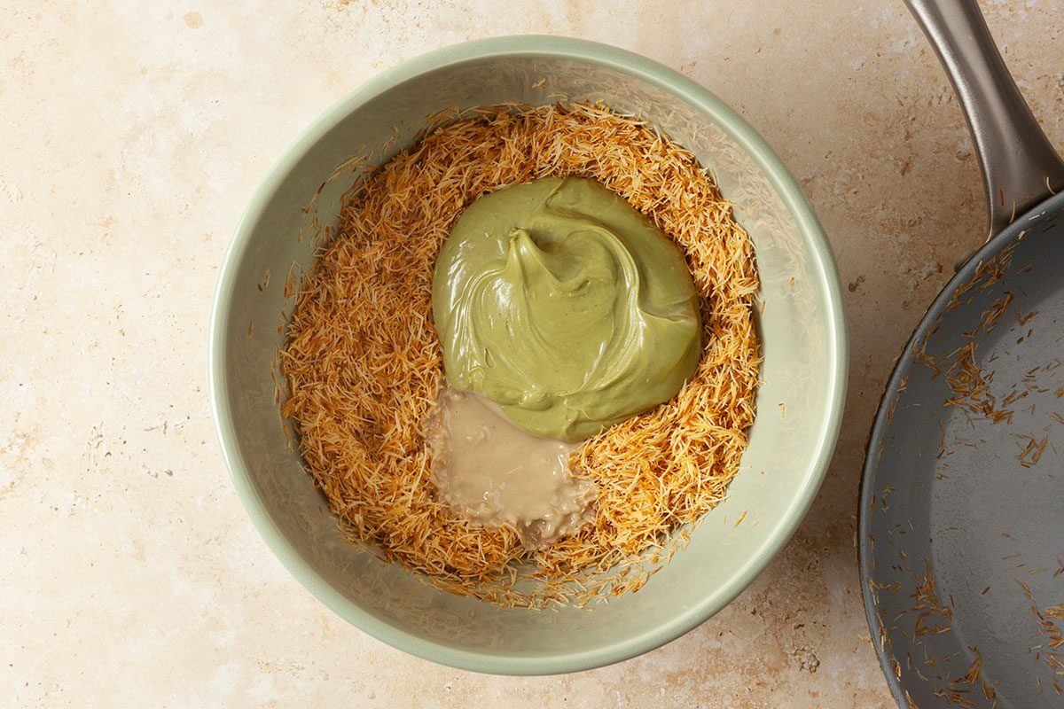 pistachio cream and tahini added to the toasted kataifi