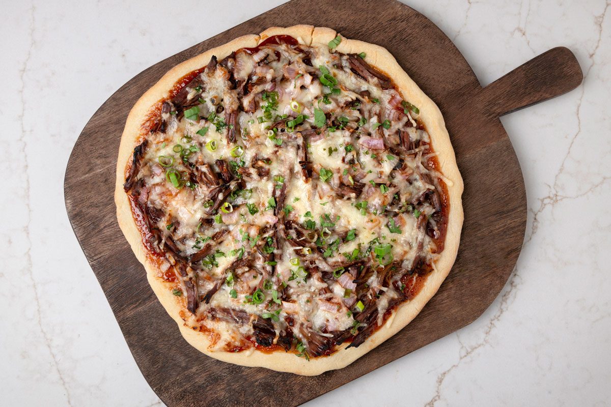 Top shot of Beef Brisket Pizza
