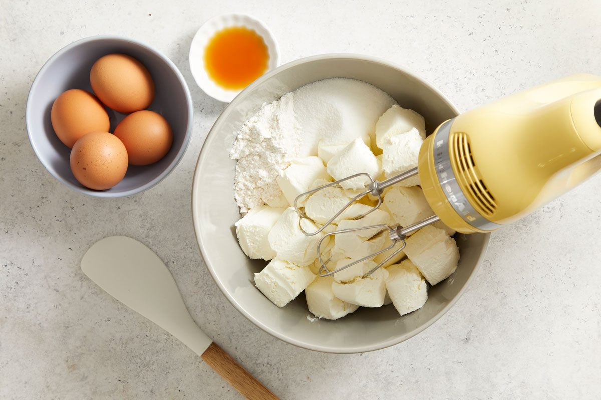 In a large bowl, beat the cream cheese, sugar, flour and vanilla until smooth. Add eggs; beat on low speed just until combined.