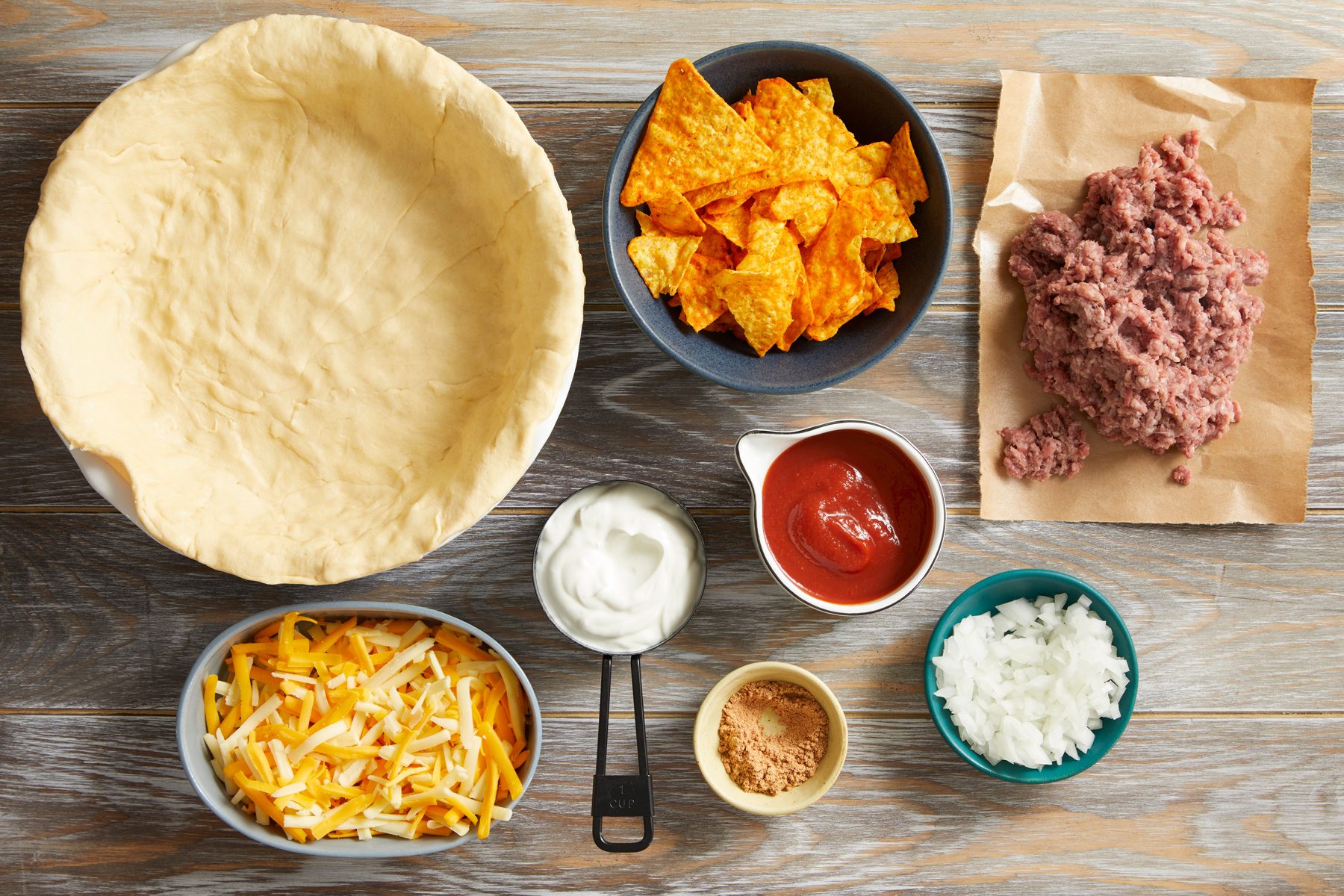 Overhead shot of ingredients on the wooden surface