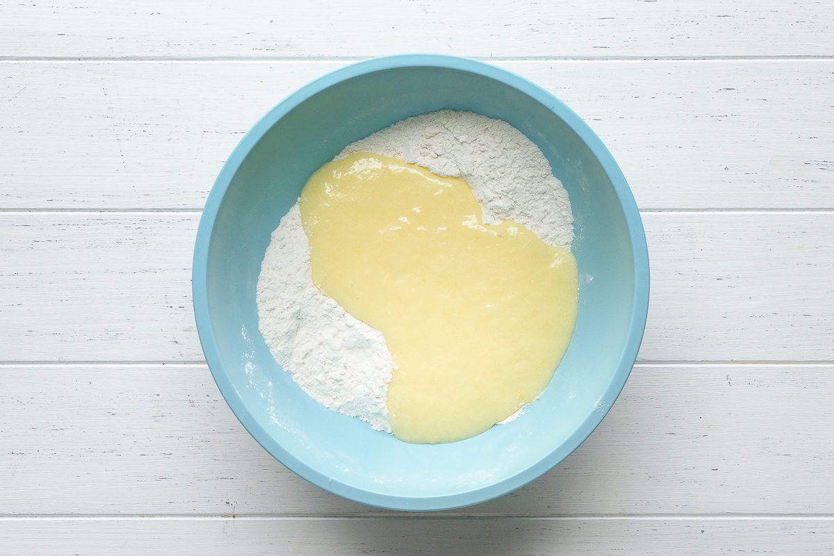 wet ingredients added to dry mixture