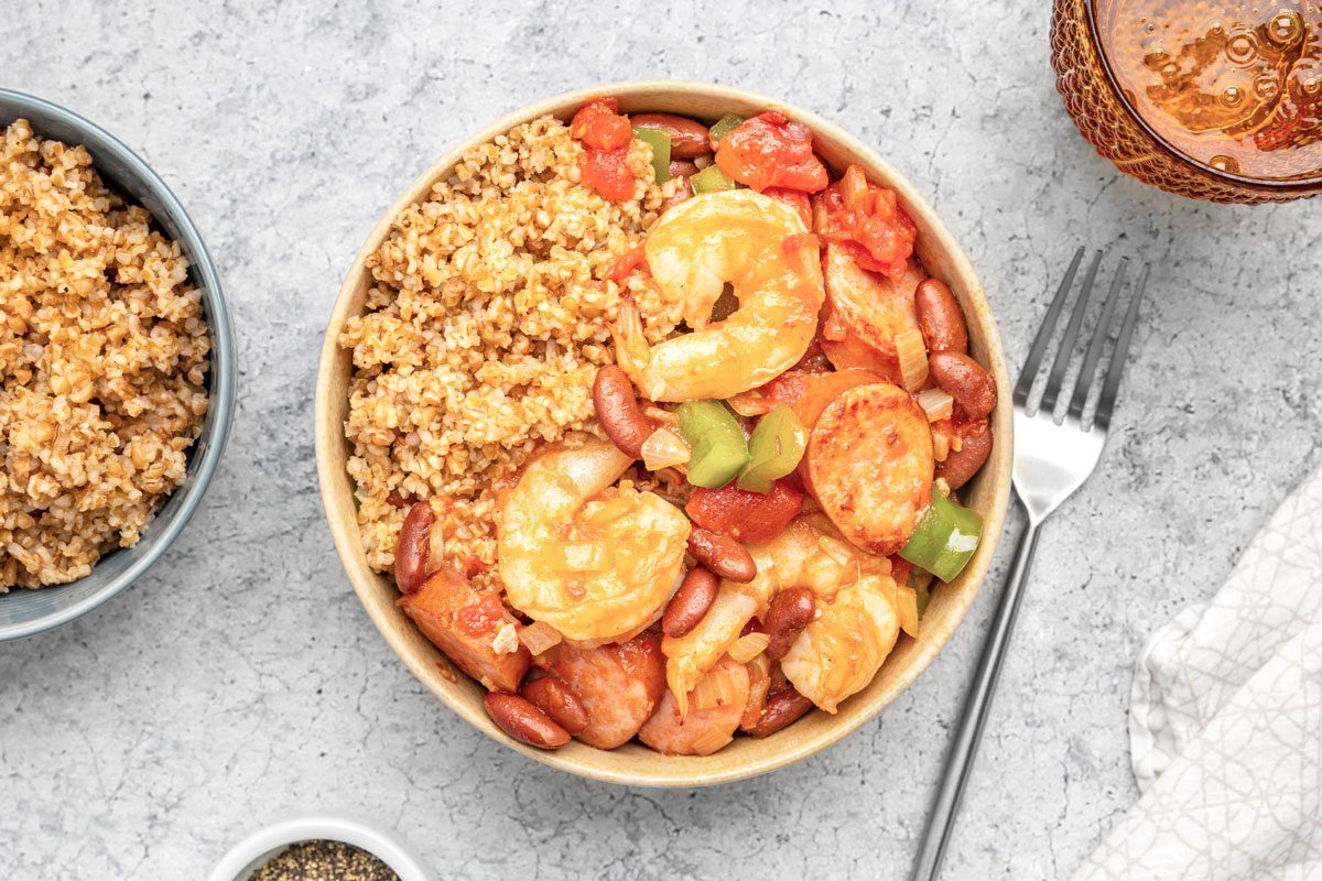 Creole Shrimp And Sausage is ready and served in a bowl