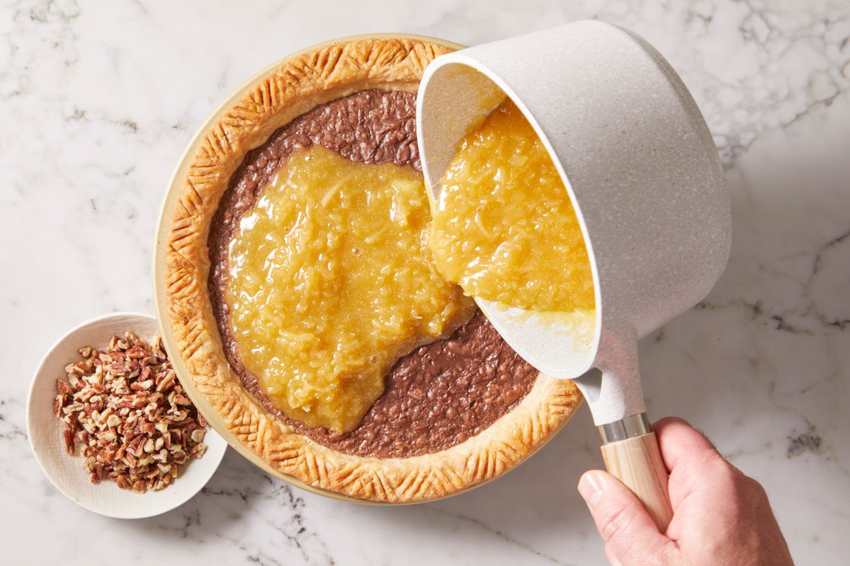 Pour over filling; sprinkle with pecans.