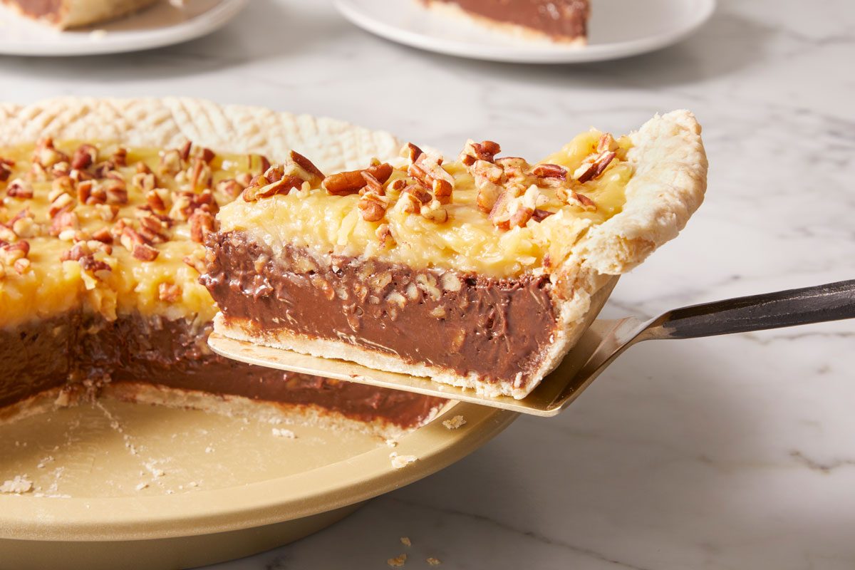 Close up shot of Coconut Pecan German Chocolate Pie