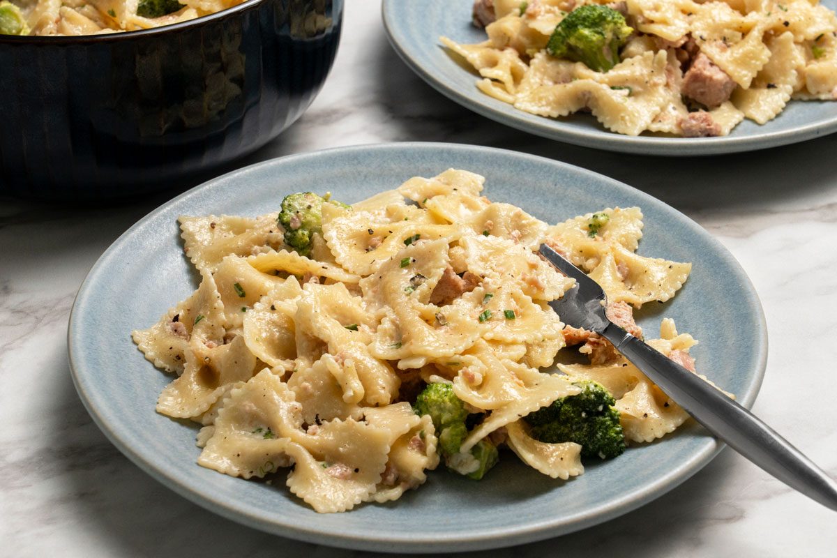 3/4 shot of Ham & Broccoli Pasta;