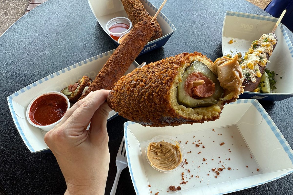 Disney Pickle Corn Dog on a table