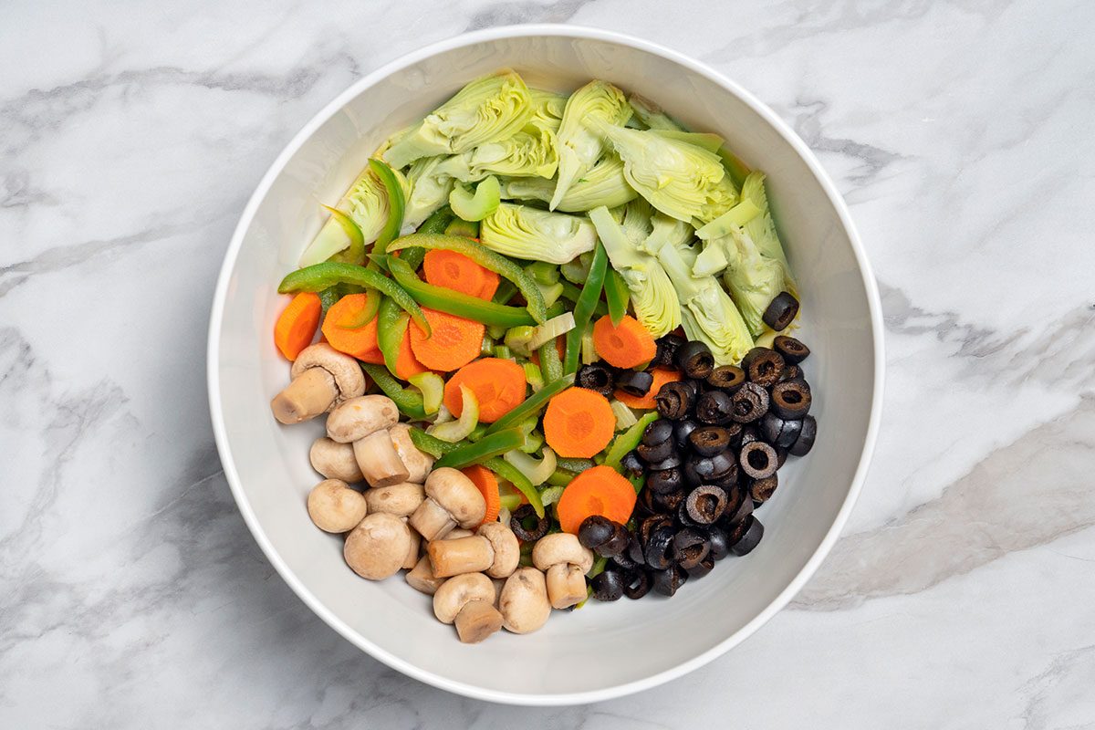 Artichokes, Mushrooms and olives added in the boiled vegetables