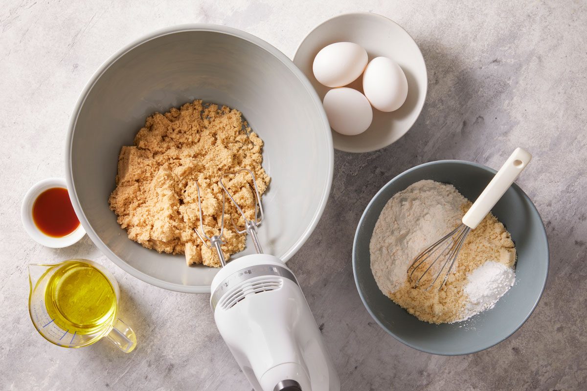 Overhead shot of ingredients for Pear Olive Oil Cake on the counter