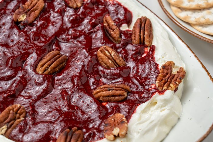 Close up shot of Raspberry Chipotle Dip served with crackers
