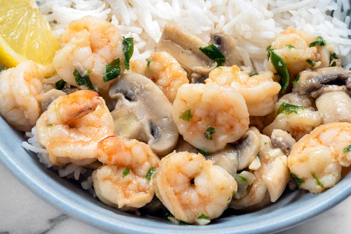 Close up shot of Stir-Fried Shrimp and Mushrooms