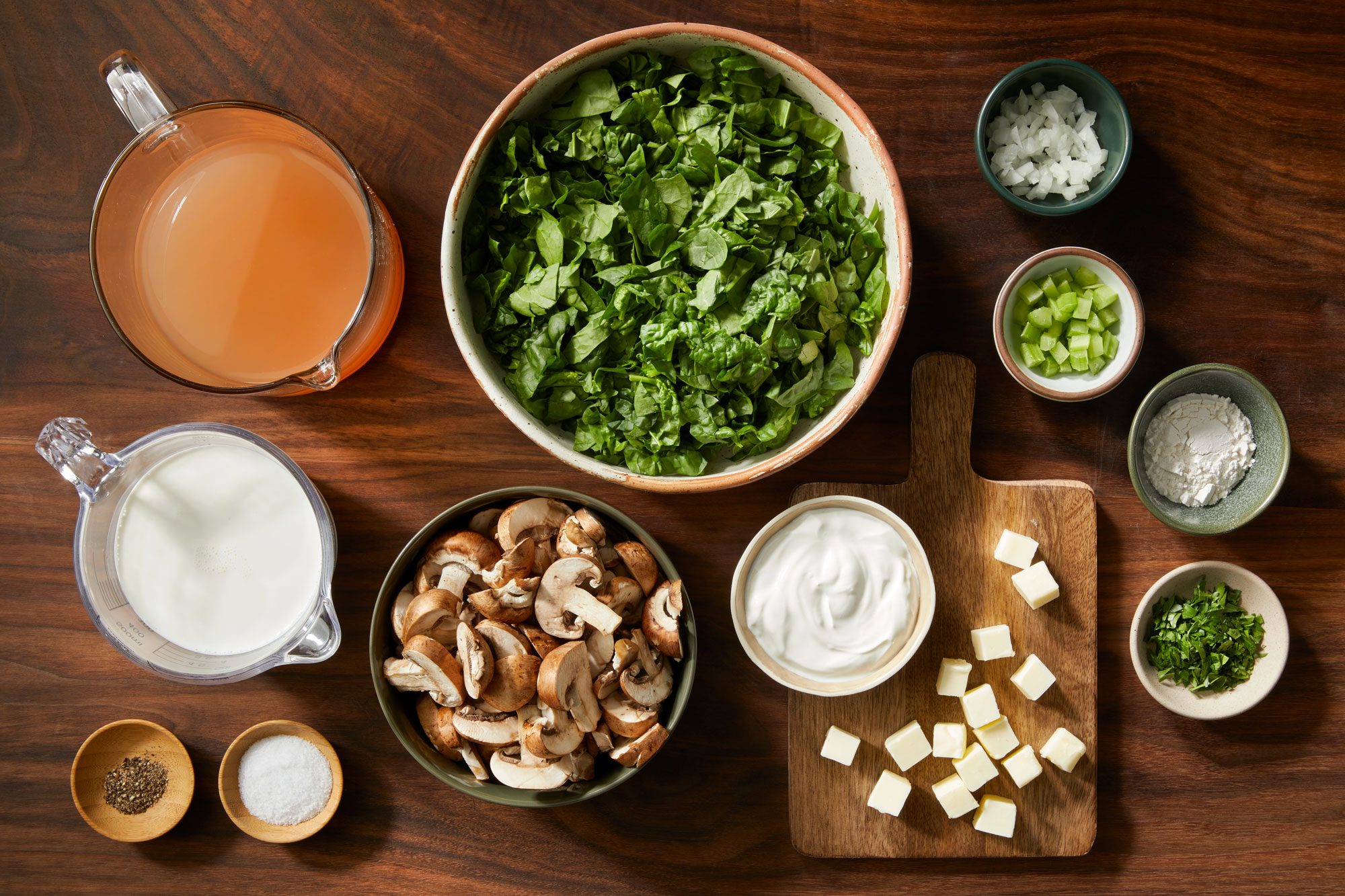 Overhead shot of all the ingredients arranged on a brown wooden surface