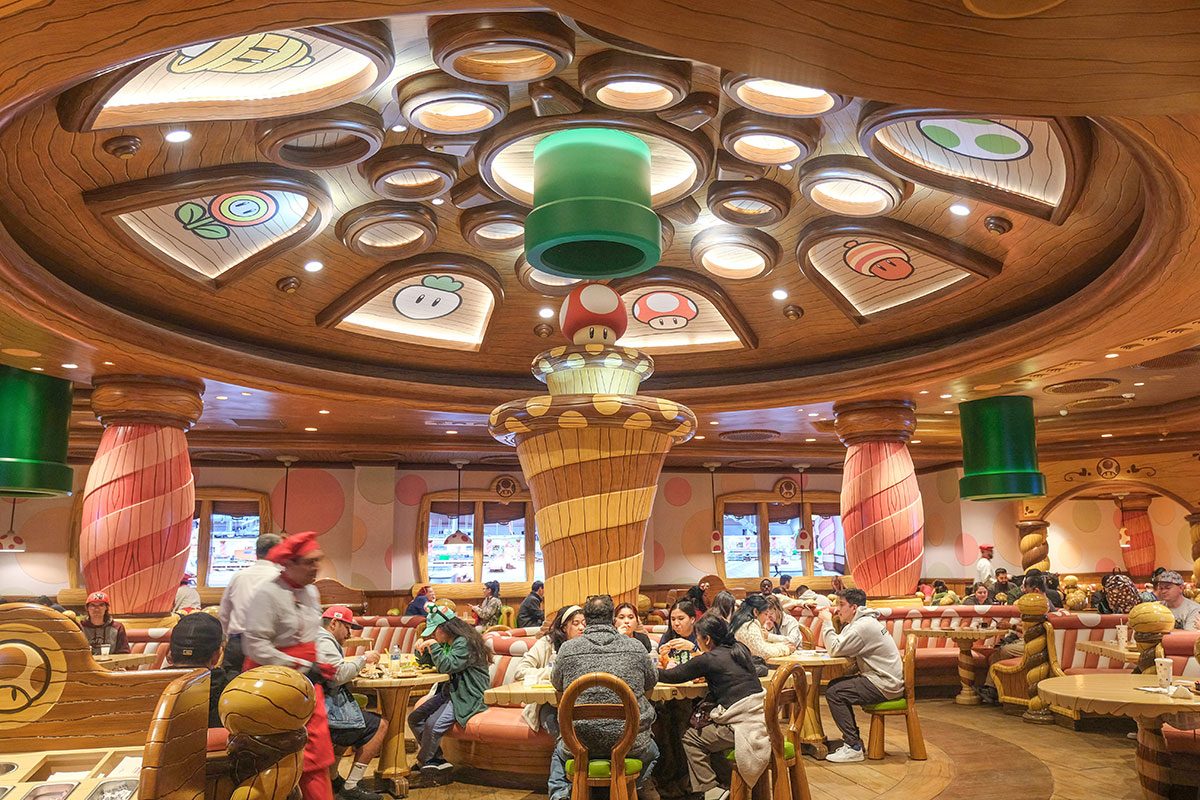 Guests eat lunch at the Toadstool Cafe during a preview of Super Nintendo World at Universal Studios in Los Angeles