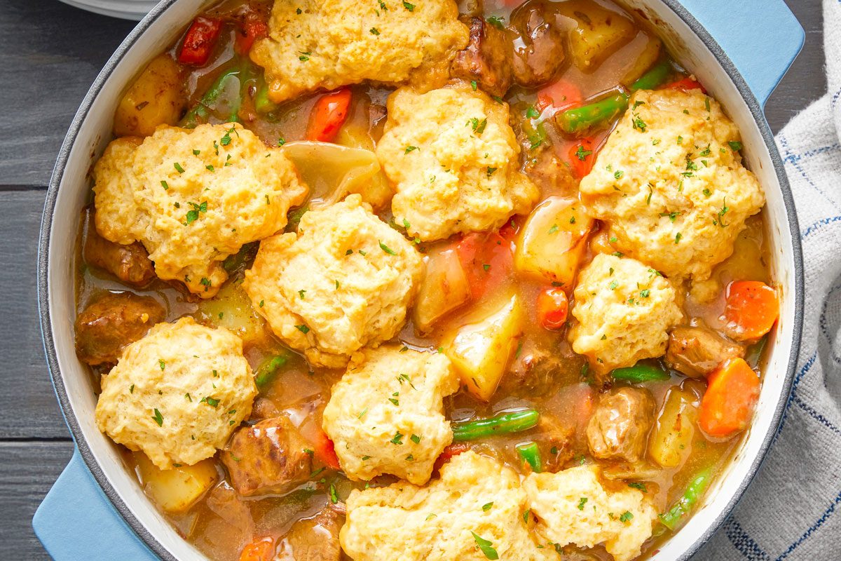 overhead shot of beef and biscuit stew