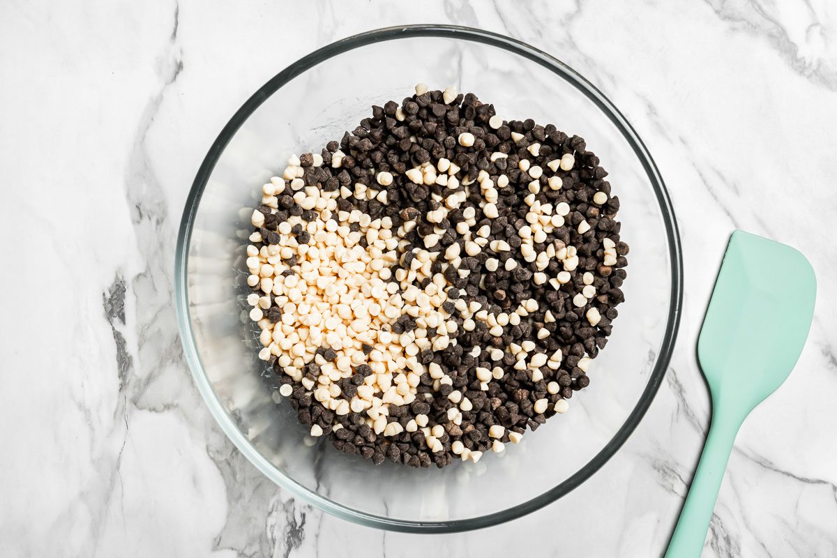 vanilla chips and chocolate chips combined in a bowl