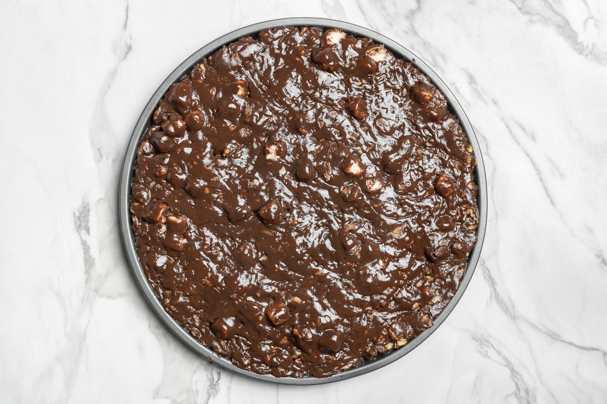 chocolate mixture spread evenly on a 13-inch pizza pan