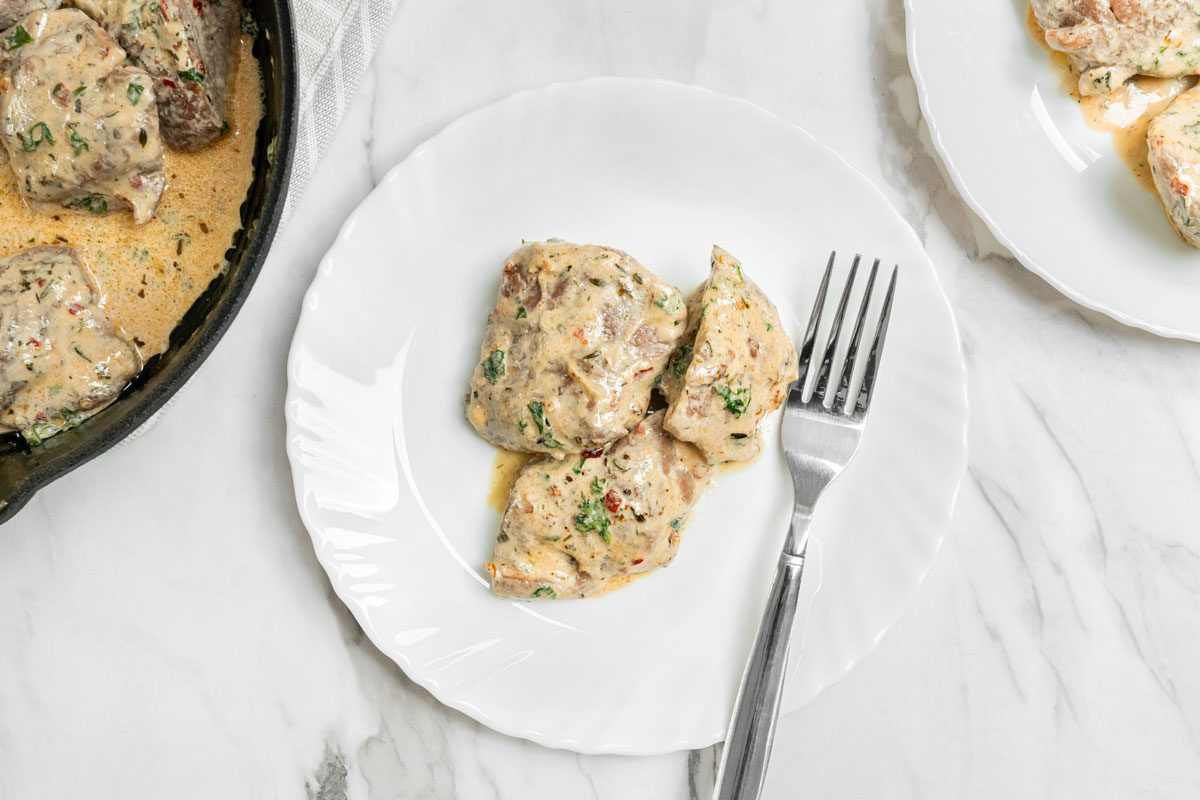 Overhead shot of Tenderloin with Herb Sauce;