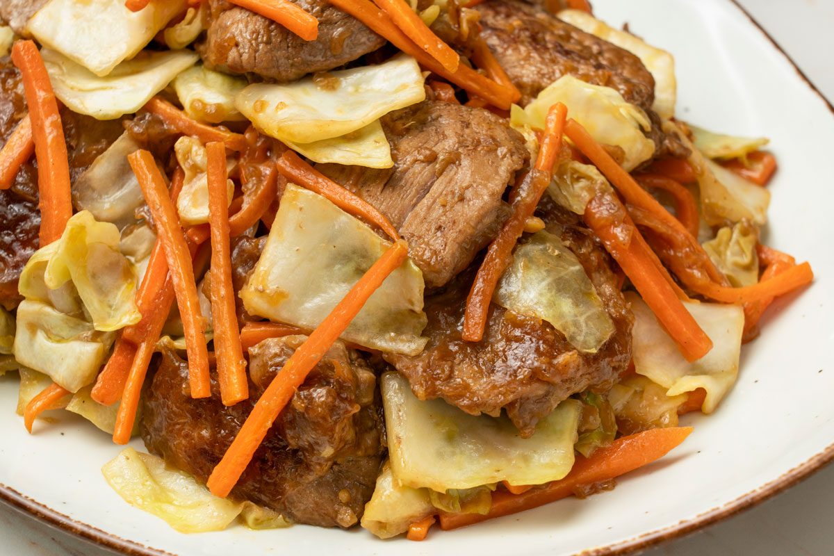 Close up shot of Asian Pork Cabbage Stir-Fry;