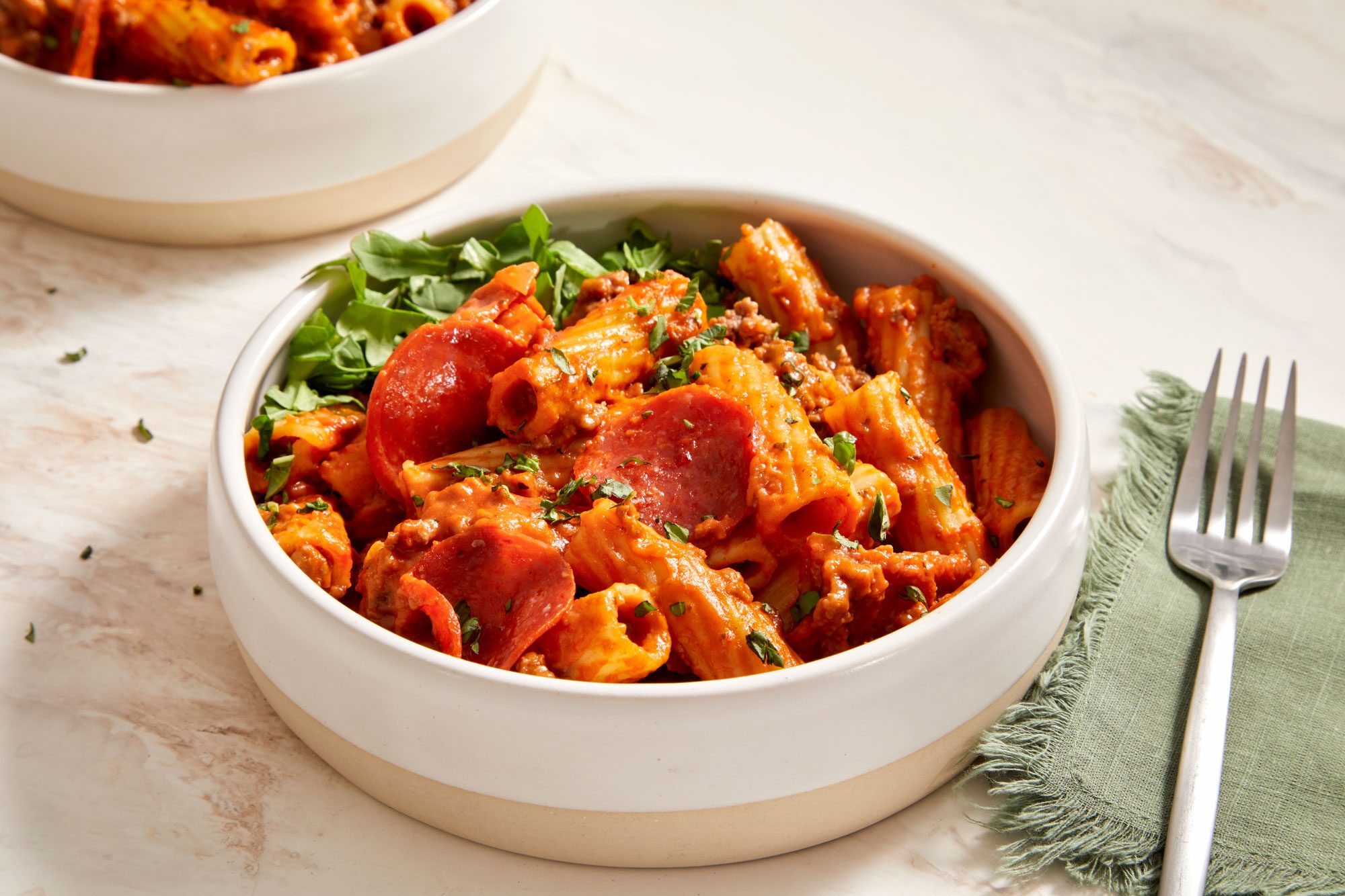 3/4 shot of Pizza in a Bowl