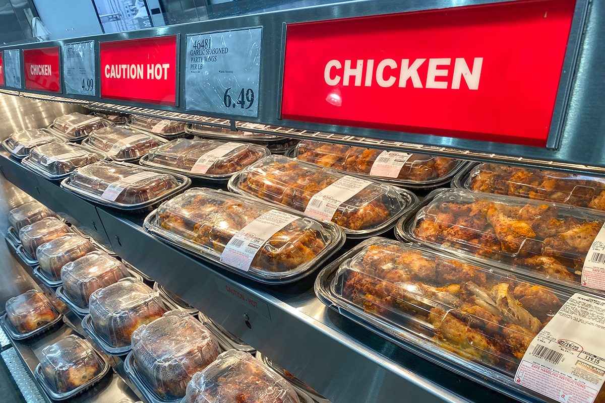 Fully stocked Rotisserie Chicken display at Costco