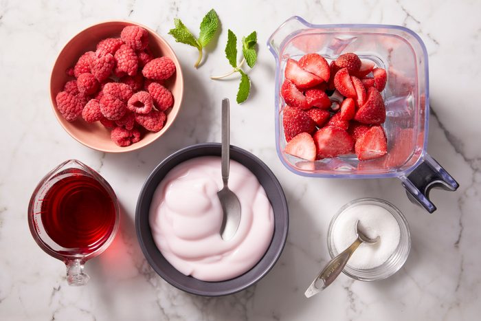 Overhead shot of ingredients for Fruity Red Smoothies
