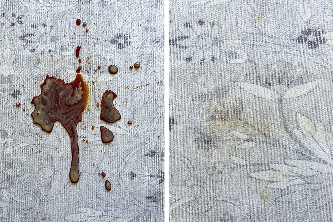 Side-by-side images show a fabric surface: the left side has a large brown liquid stain, while the right side shows the fabric after cleaning, with the stain mostly removed.