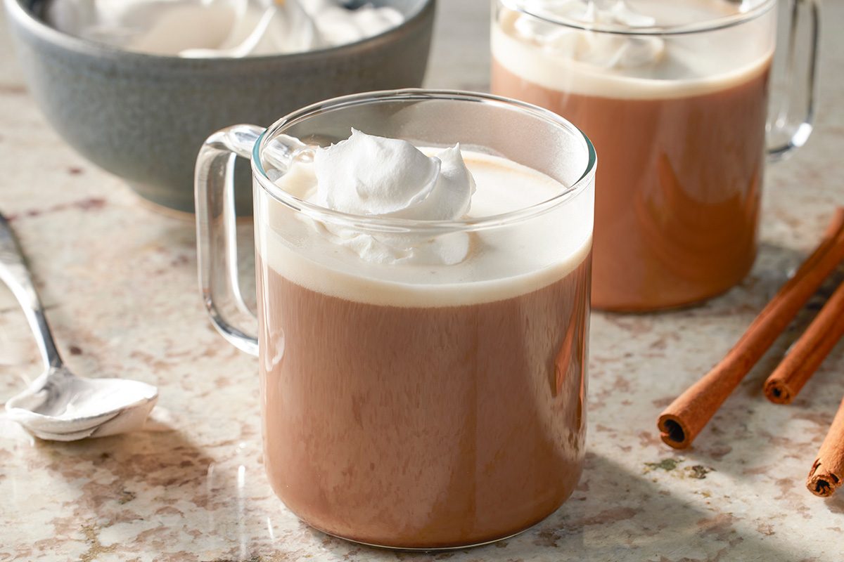 Close-up shot of a clear glass mug filled with Cinnamon Mocha Coffee