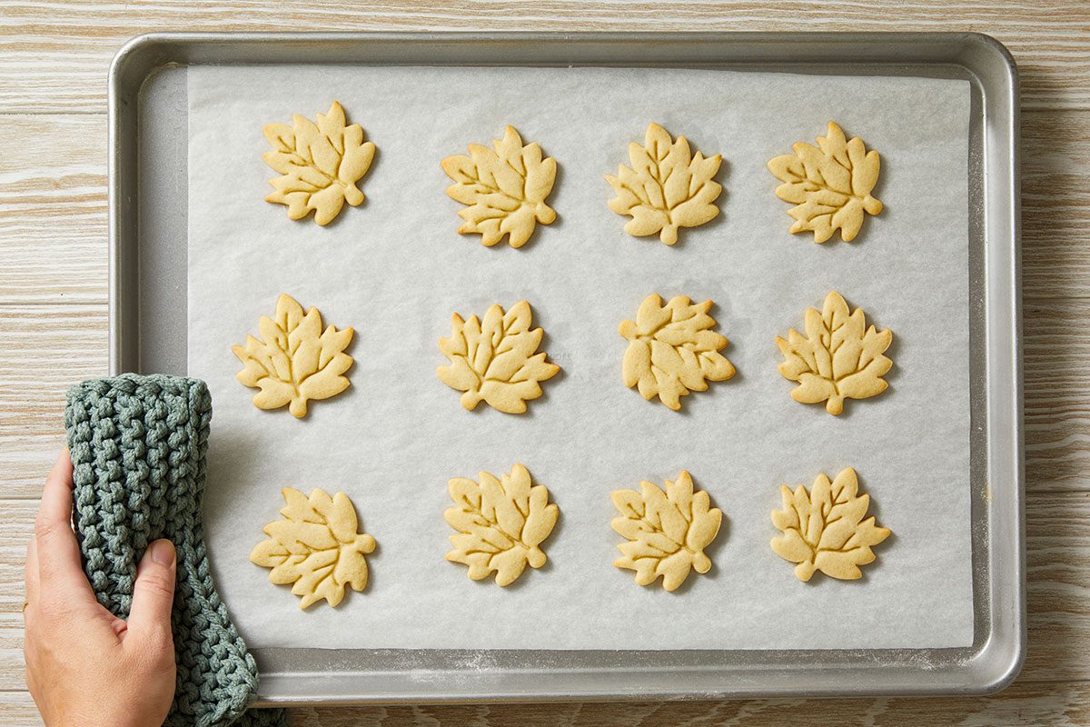 Overhead shot of a hand with a textured oven mitt lifts a tray of twelve unbaked leaf-shaped cookies They are lined up on parchment over wood