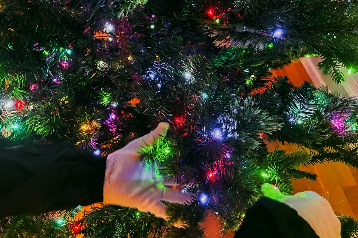 Close-up of two hands adjusting or decorating a Christmas tree with colorful, glowing lights. The tree branches are dense, and the lights are red, green, blue, and white. The scene is festive and indoors.