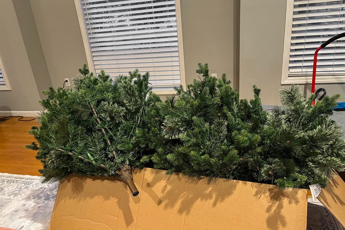 Two artificial Christmas tree sections with green branches are laid out on top of a brown cardboard box indoors, near three windows with white blinds.