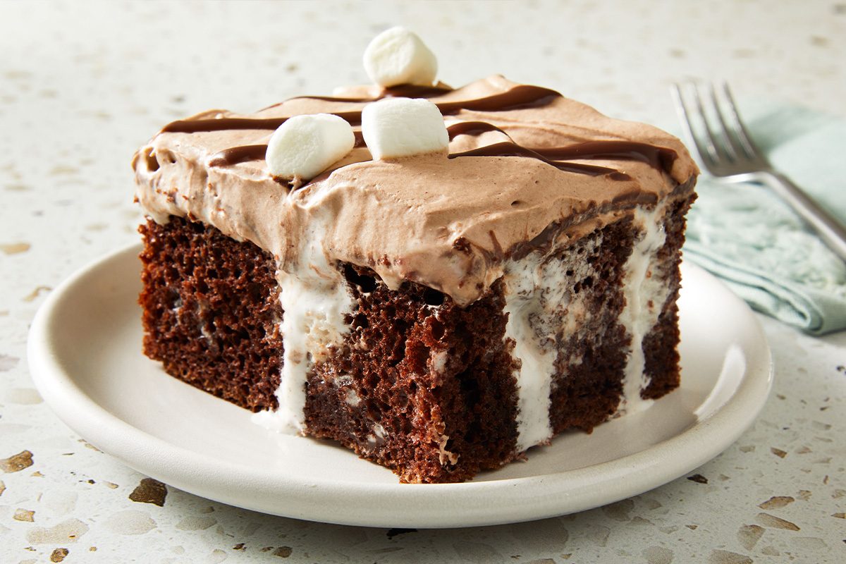 Close-up side shot of a slice of Hot Chocolate Poke Cake on a white plate, showing moist chocolate layers and creamy frosting with marshmallow garnish.