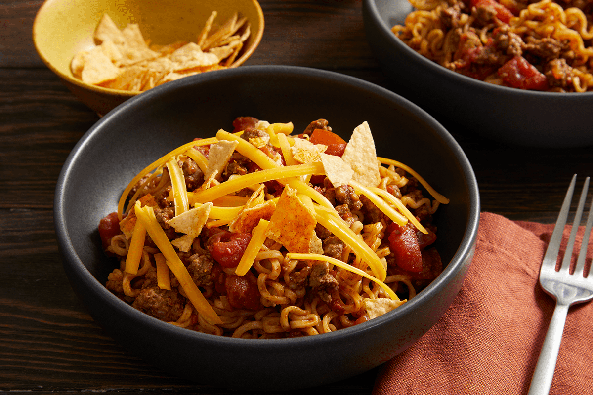 Taco Ramen Noodles served with chips