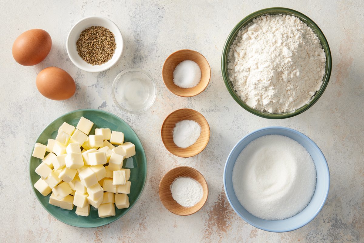 butter, sugar, eggs, flour, salt, leavened, anise extract and aniseed