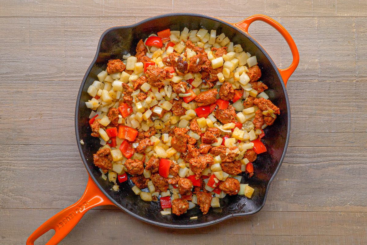 chorizo stirred in with vegetable mixture